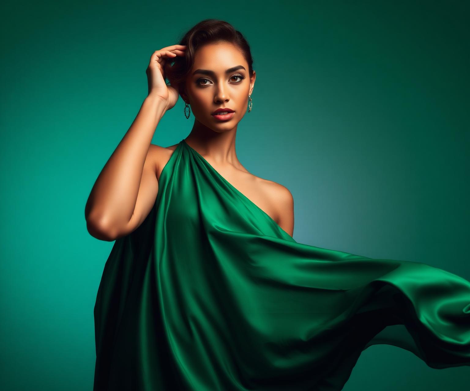 Model in an emerald silk dress