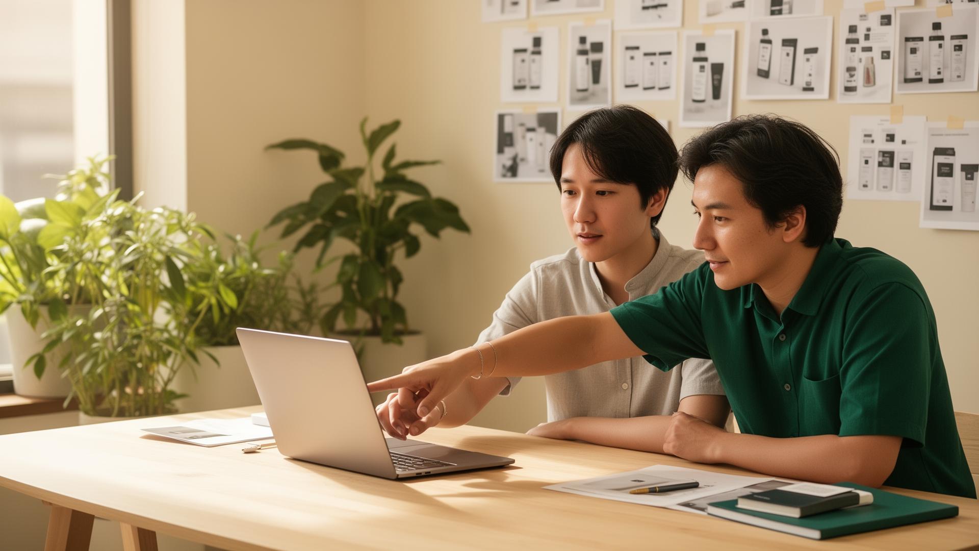 Two teammates collaborating at a sunlit desk reviewing product data on a laptop